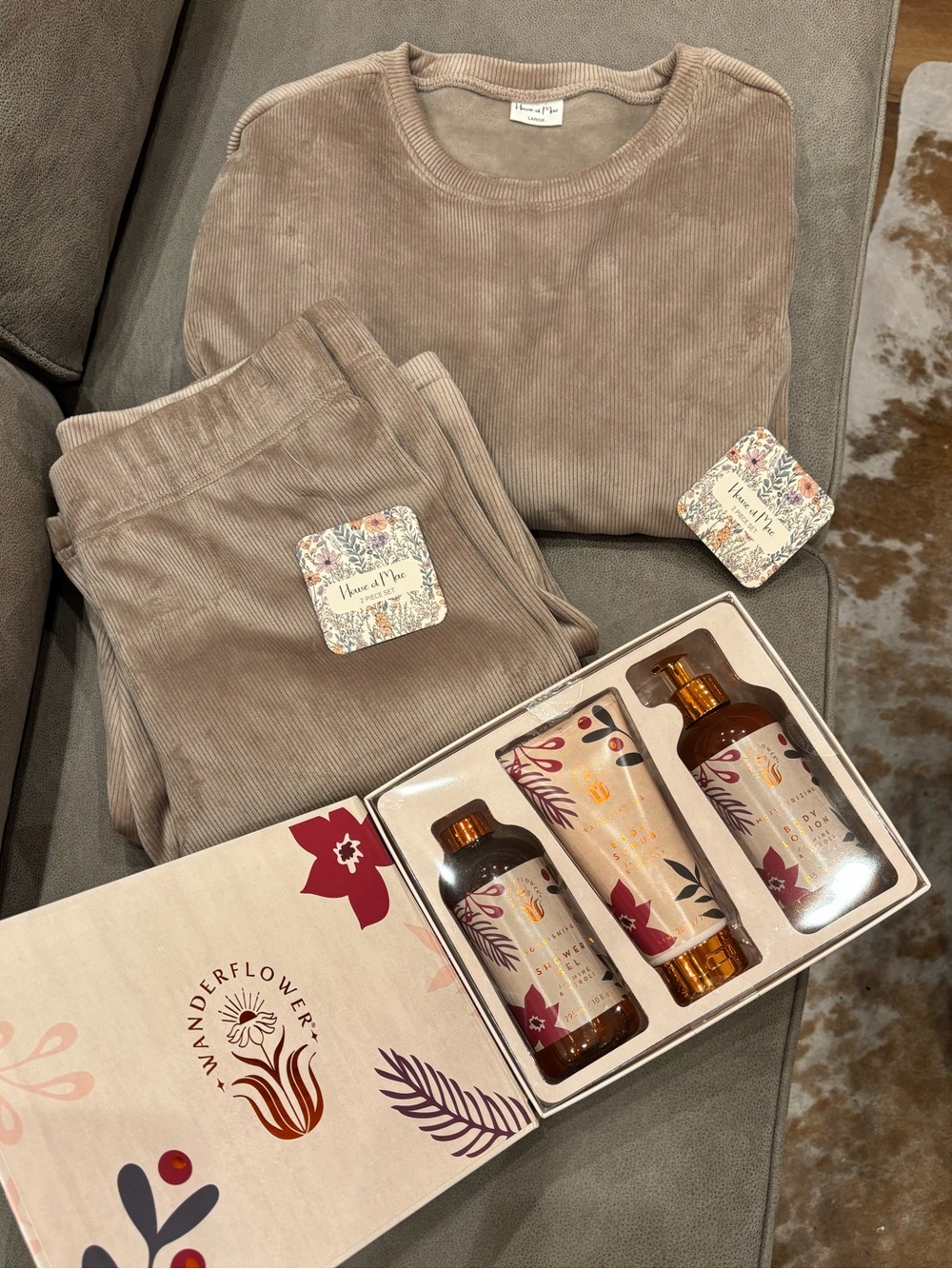 Cozy Taupe Corduroy Loungewear Set with deluxe body care set